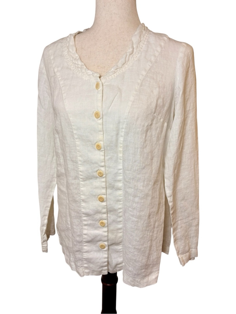 FLAX White 100% Linen Ruffle Collar Button Front Lagenlook Blouse Size P (4-6)